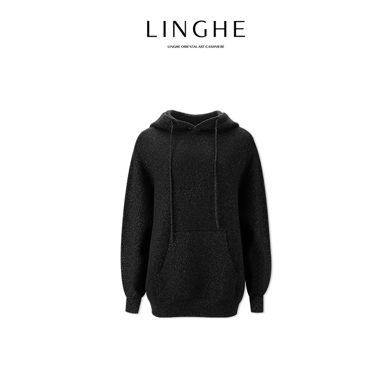 翎禾LINGHE-新款秋冬季针织连帽卫衣羊毛羊绒黑色时尚卫衣宽松