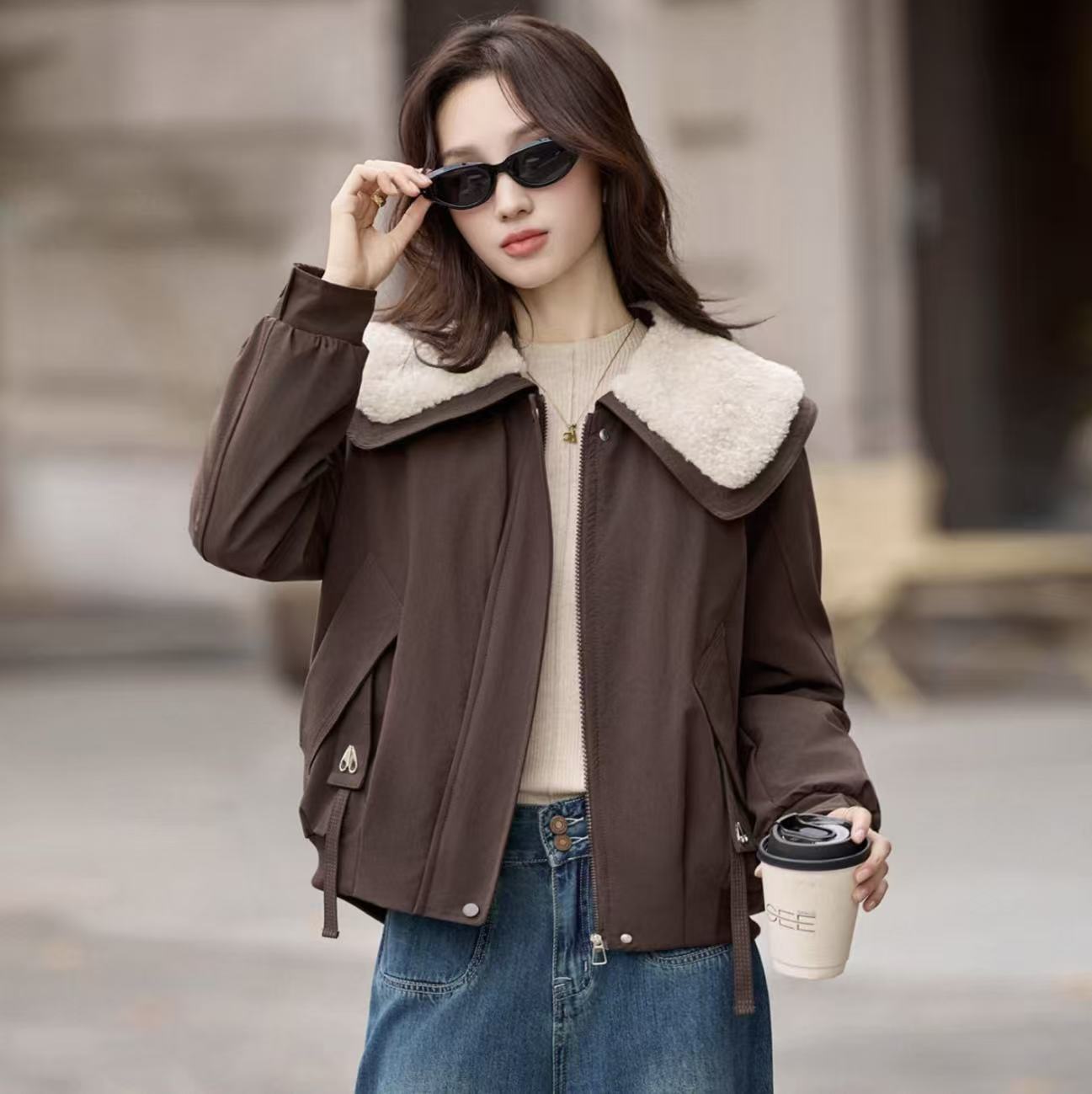 【纪朵研】Y063秋冬女翻领加绒加厚抗起球短外套洋气休闲派克服外套