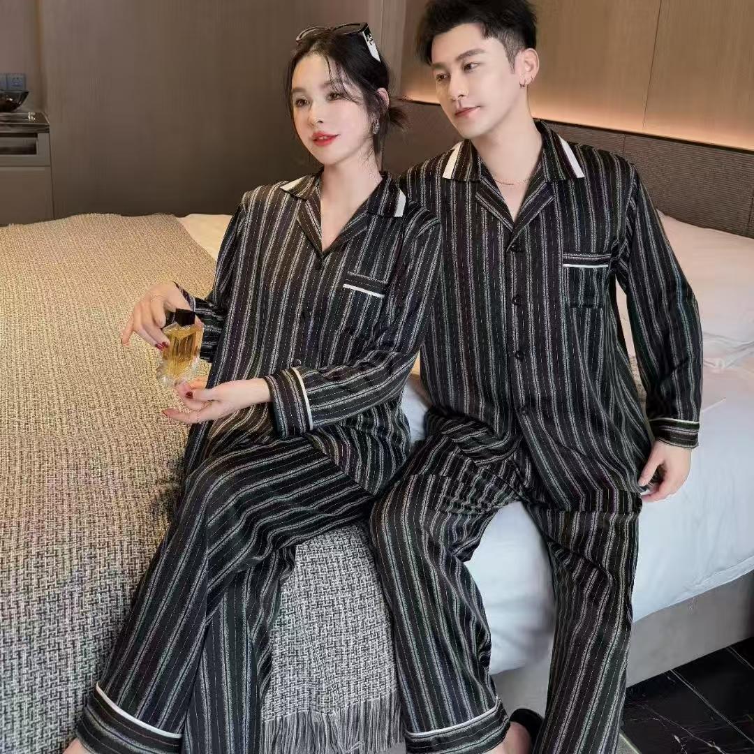 高级感春季薄款冰丝情侣睡衣长袖开衫竖条纹套装CWS家居服
