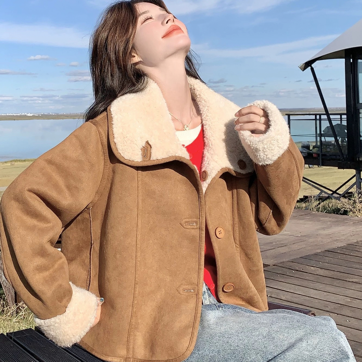 蕾姐两面穿皮毛一体外套女2025秋冬美拉德复古小个子麂皮绒上衣