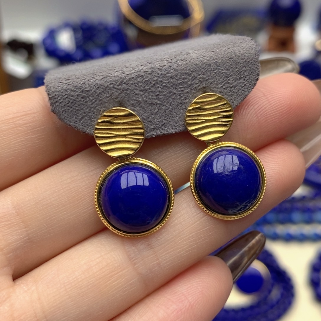 青金石银S925镀金镶嵌耳饰