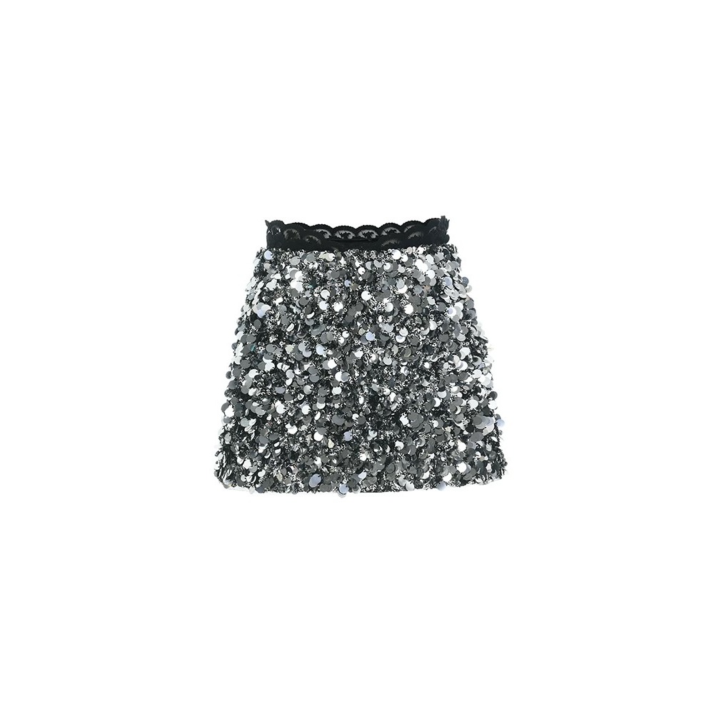【DÉ MYSTÈRE】冬季新品优雅银灰色华丽珠片A型半裙短裙GZJ68103