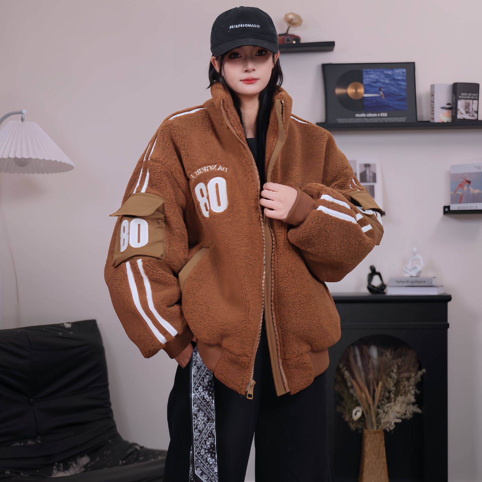 冬季美式潮版情侣同款立领颗粒绒加棉加厚刺绣字母棒球服外套保暖