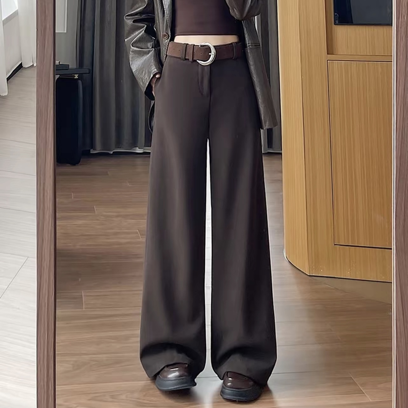 HX高级感灰色加厚毛呢高腰显瘦窄版宽松阔腿西装裤女秋冬新款