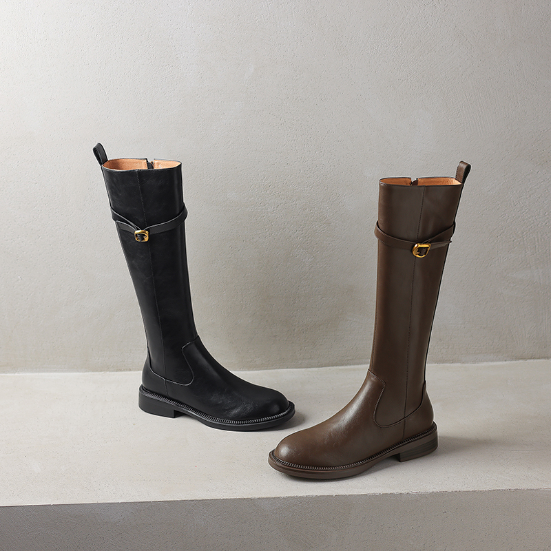 冬季长筒时装靴英伦风黑色厚底靴子百搭时尚真皮骑士靴