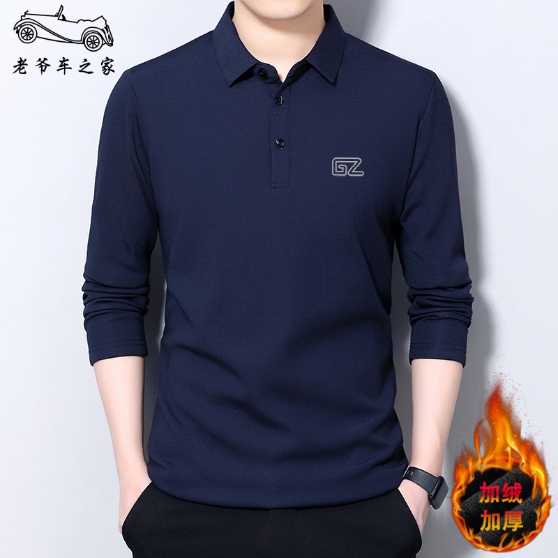 老爷车之家男士休闲冬季免烫加绒加厚纯色翻领长袖T恤上衣POLO