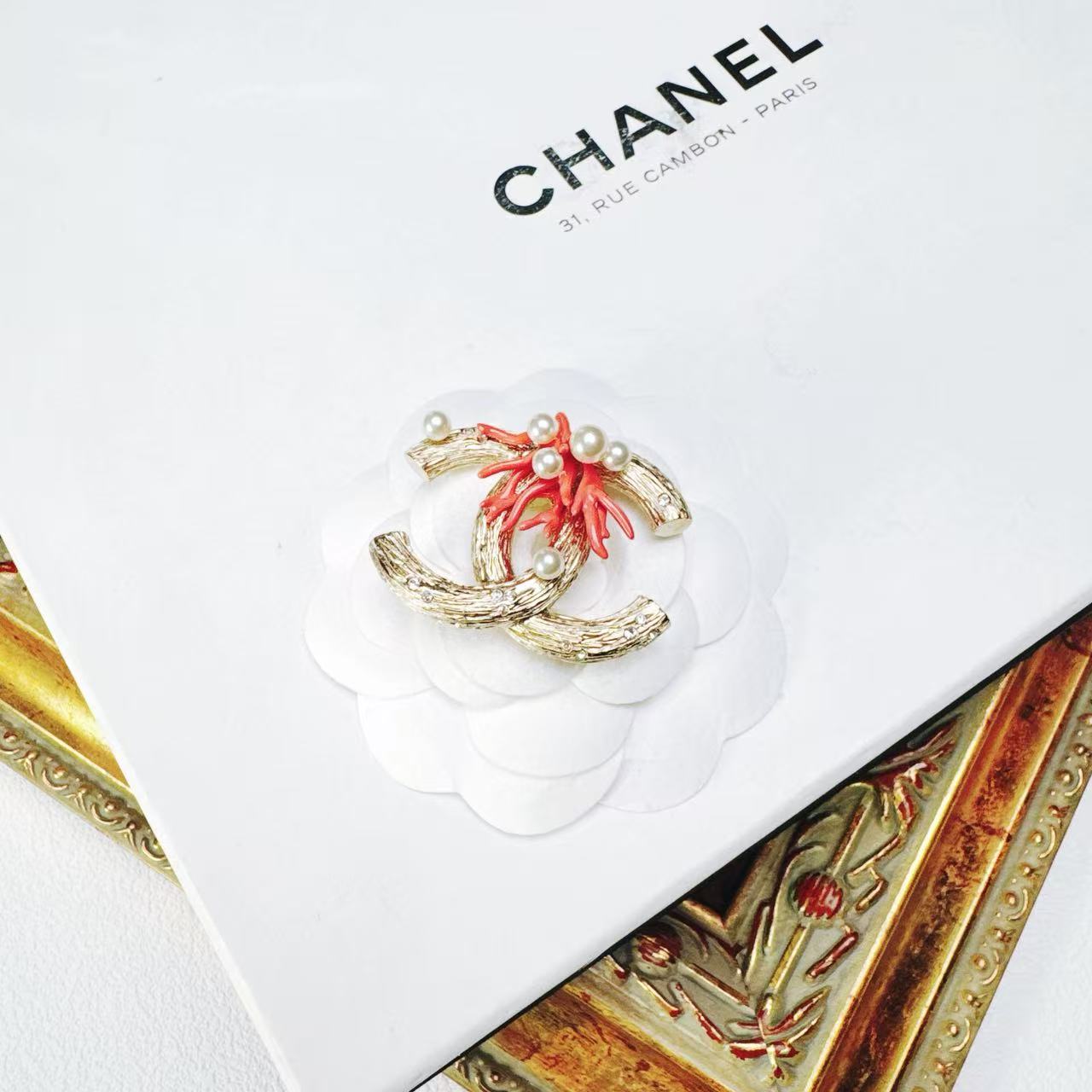 95新 Chanel/香奈儿 柚礼中古/香奈儿橘色珍珠双C胸针lz512450