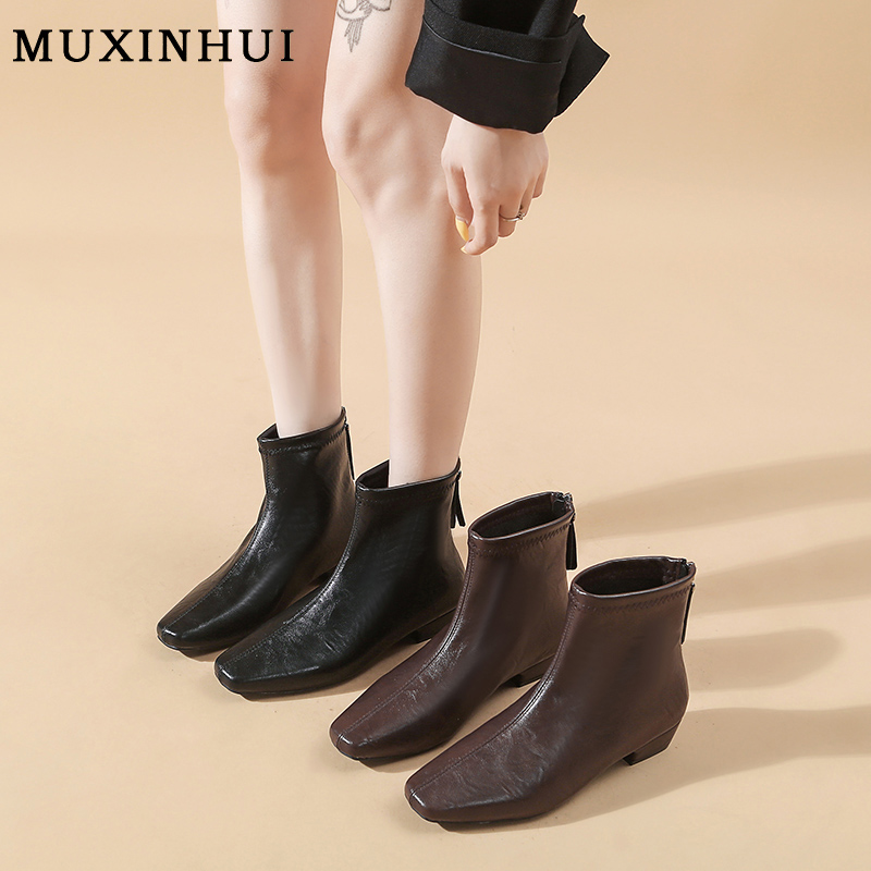 【品牌】2025秋韩版方头低跟后拉链复古马丁靴子女通勤百搭A18-1