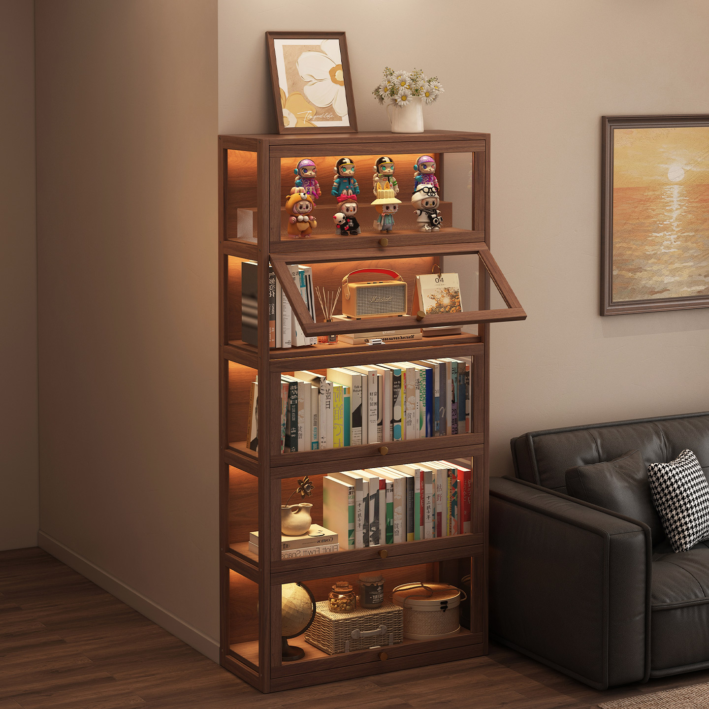 实木展示柜胡桃色中古风手办盲盒收纳柜家用书柜储物一体靠墙落地