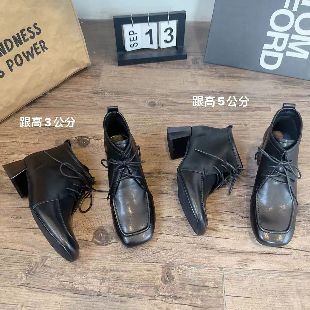 5566新款方头系带舒适矮帮时尚小皮靴仓