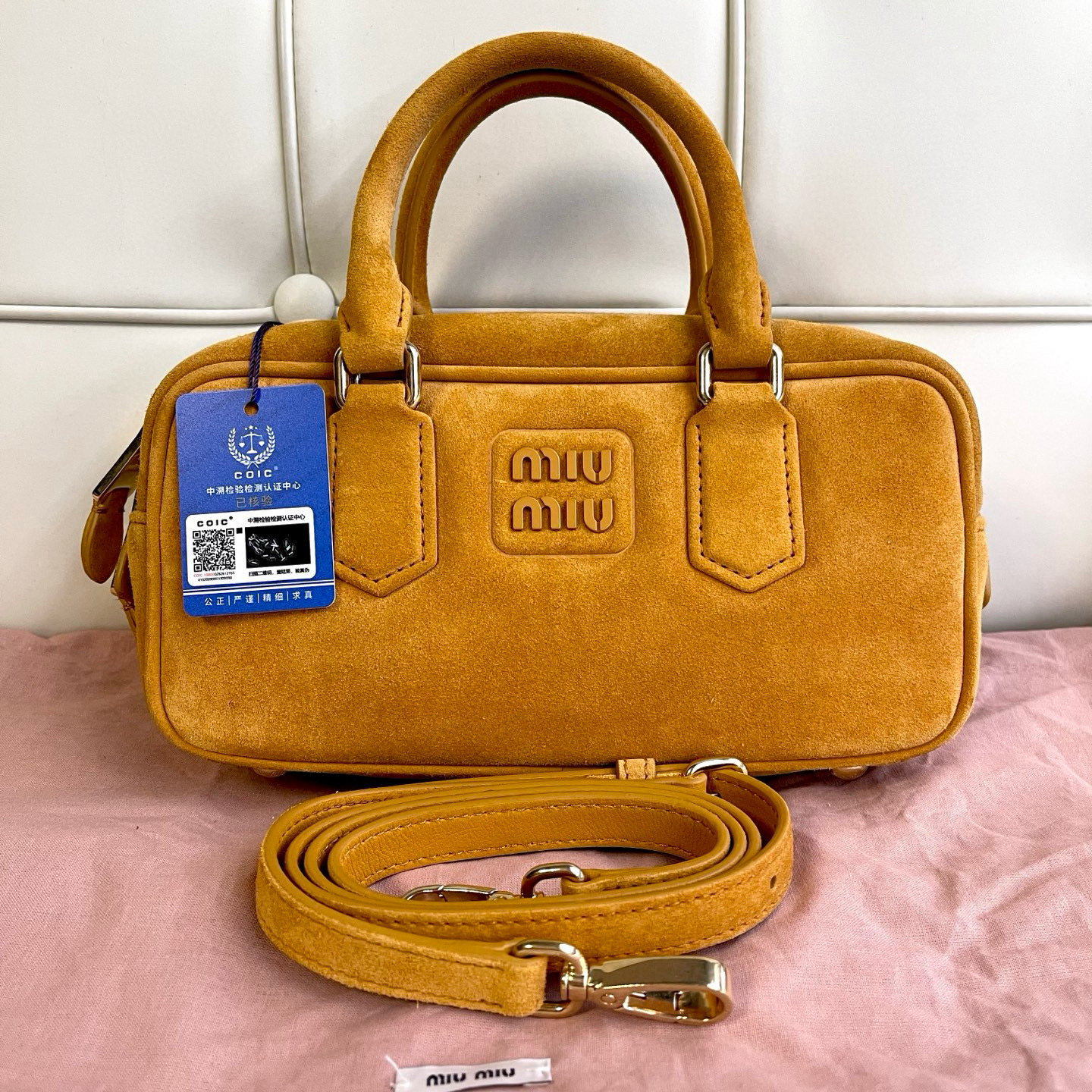 99新 MIU MIU/缪缪 119956 缪缪miumiu 小号麂皮保龄球斜挎包