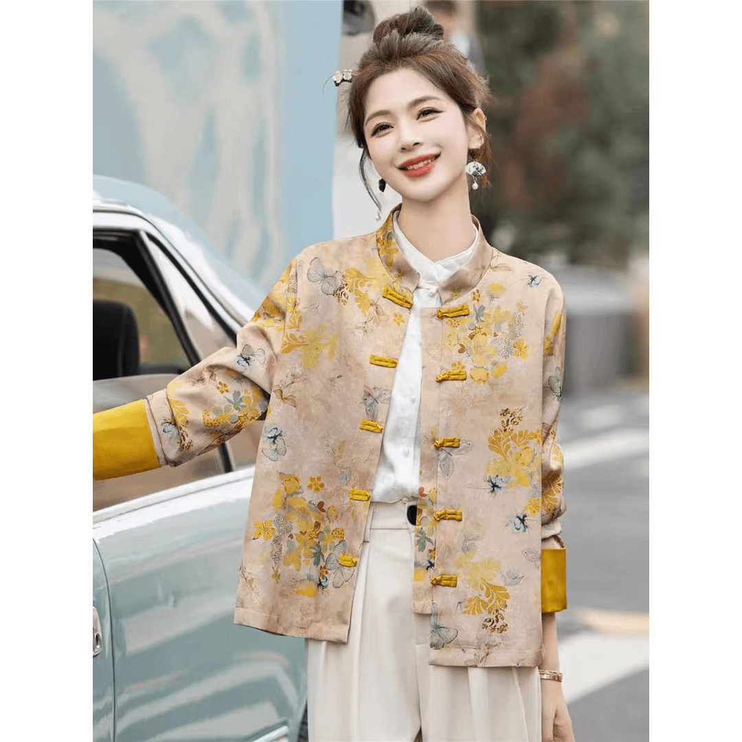 2024蝶恋花复古盘扣国风女士上衣春夏款外套时尚气质显瘦立领减龄
