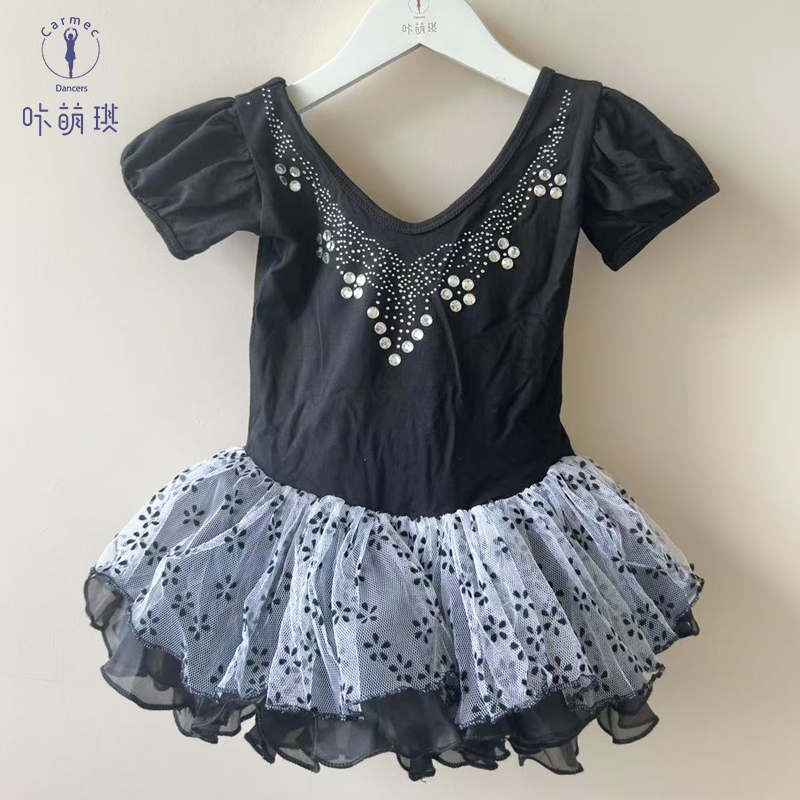 咔萌琪925儿童舞蹈服短袖点钻连体裙