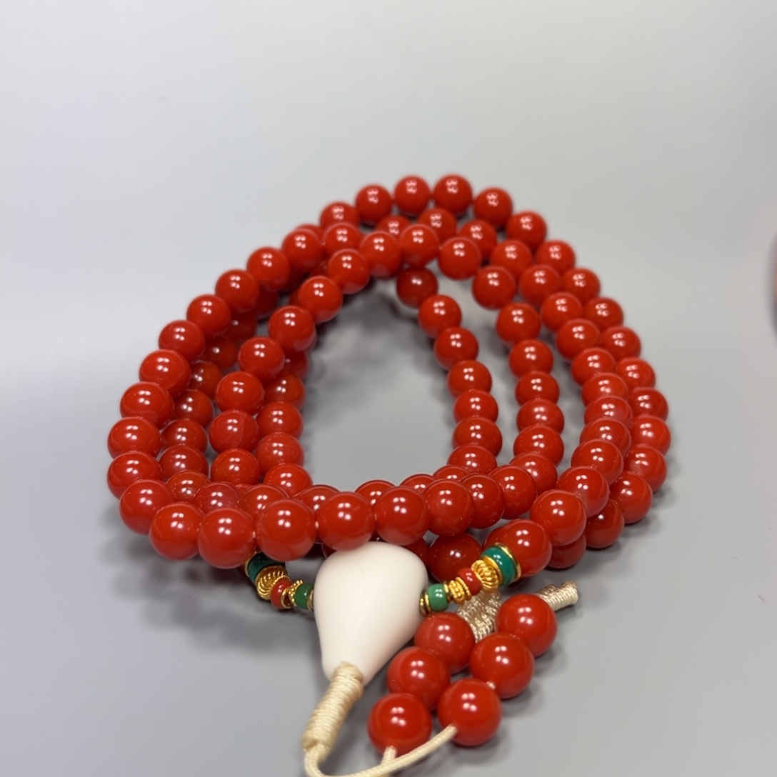 南红玛瑙辣椒红圆珠108官坡6mm18K金镶嵌