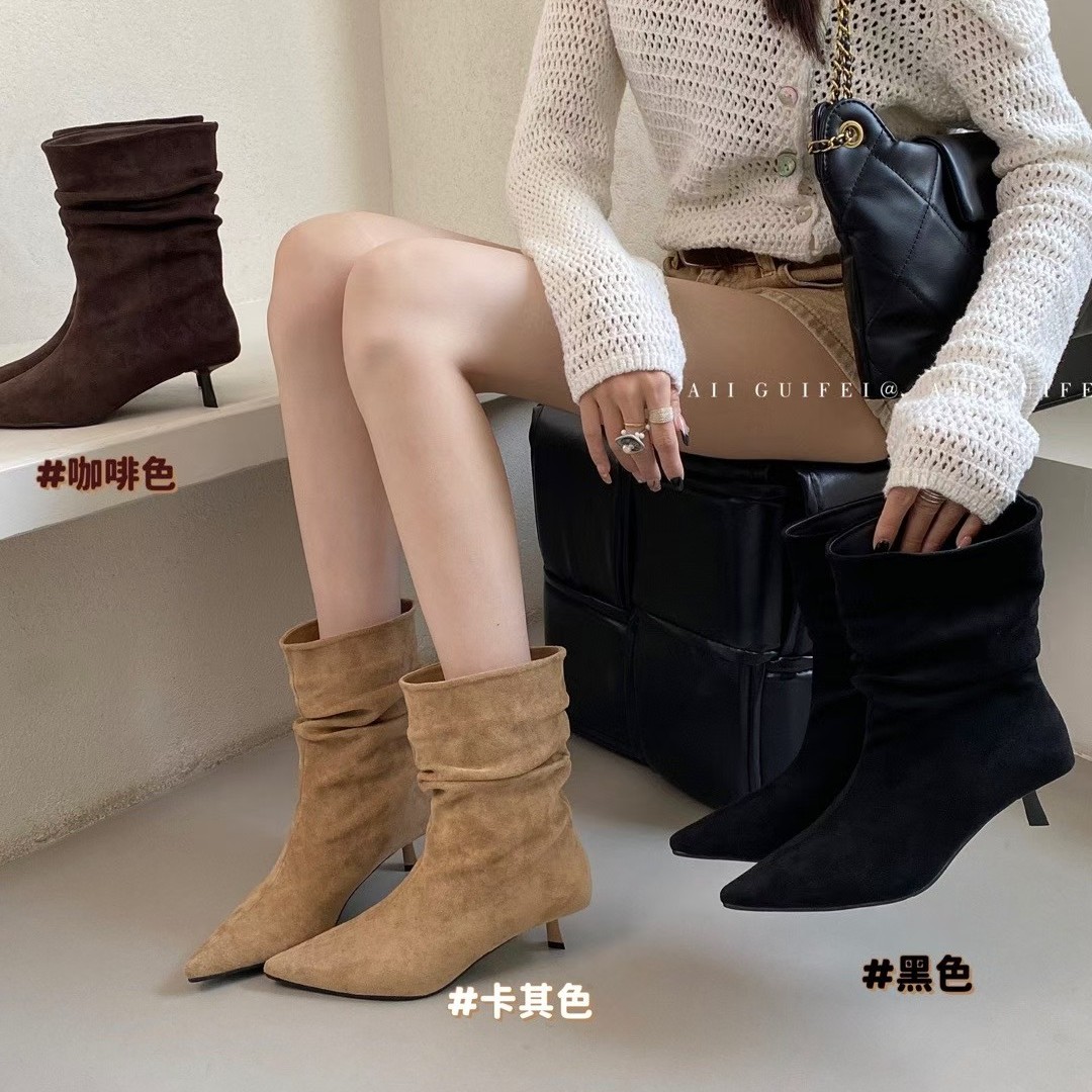 尖头短靴女2025秋冬季新款女靴细跟靴子短筒靴高跟鞋不累脚瘦瘦靴