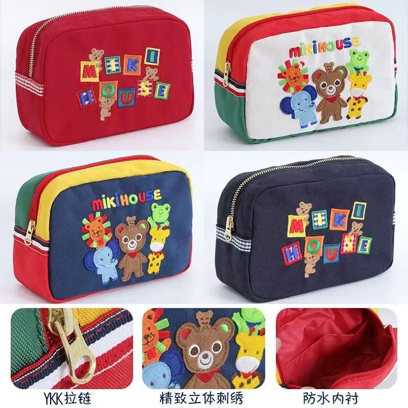 miki 日系手拿化妆包卡通彩色字母格子熊动物园刺绣帆布包收纳包