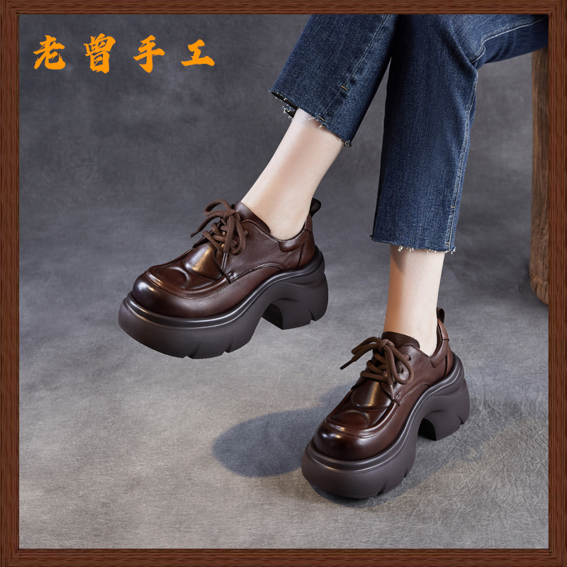 老曾手工头层牛皮高跟厚底系带圆头乐福鞋女2025秋季新款粗跟单鞋