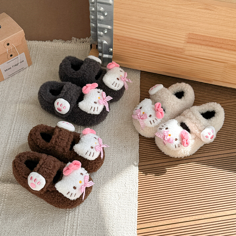 韩版公主冬季卡通KT猫毛毛鞋儿童豆豆鞋可爱俏皮女宝外穿软底棉鞋