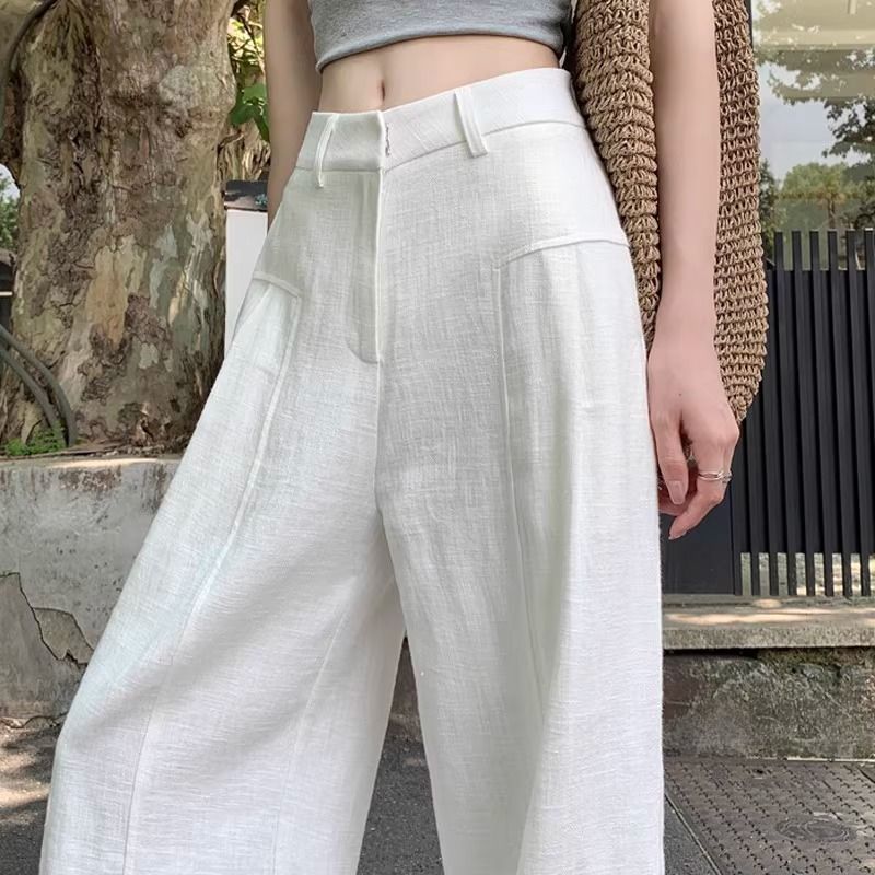 【现货现发】白色苎麻阔腿裤女2025夏季薄款高腰垂感西装亚麻休闲裤