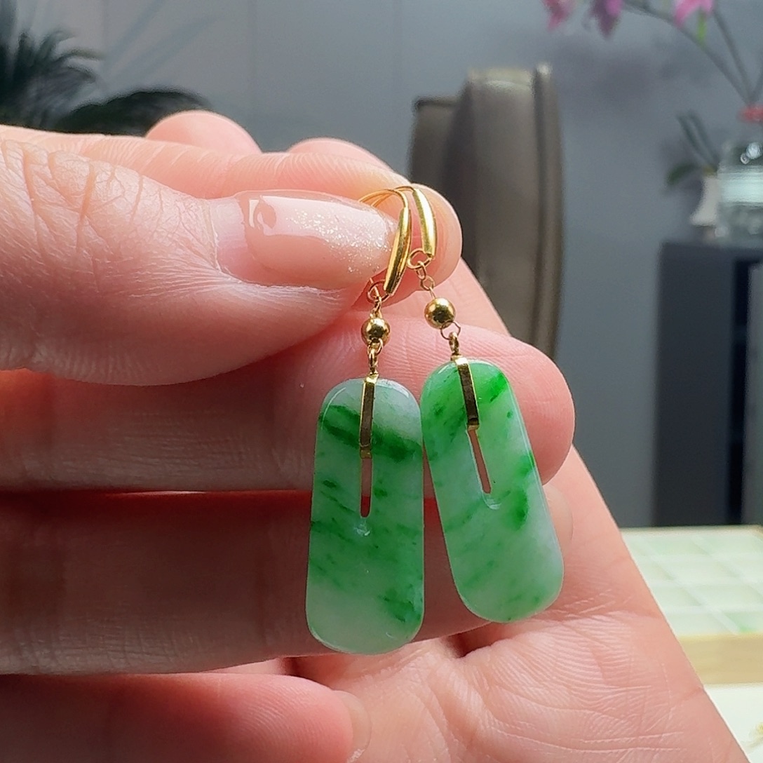 翡翠耳饰18K金镶嵌天然