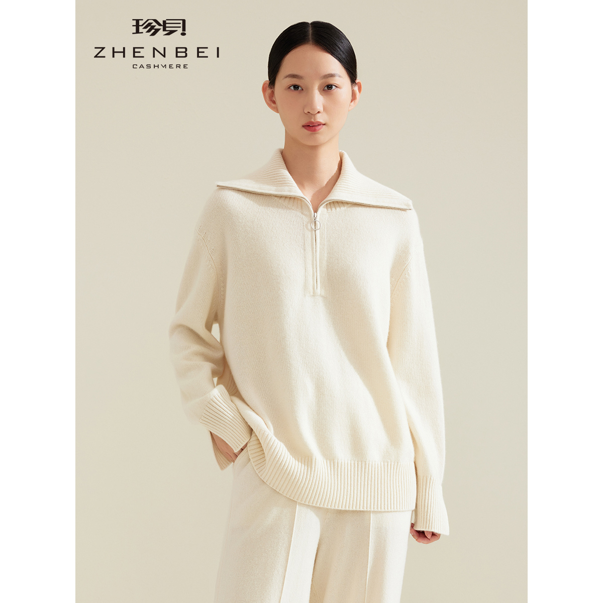 ZB/珍贝加厚纯羊绒衫女2024冬季新款大翻领拉链套头针织上衣31135