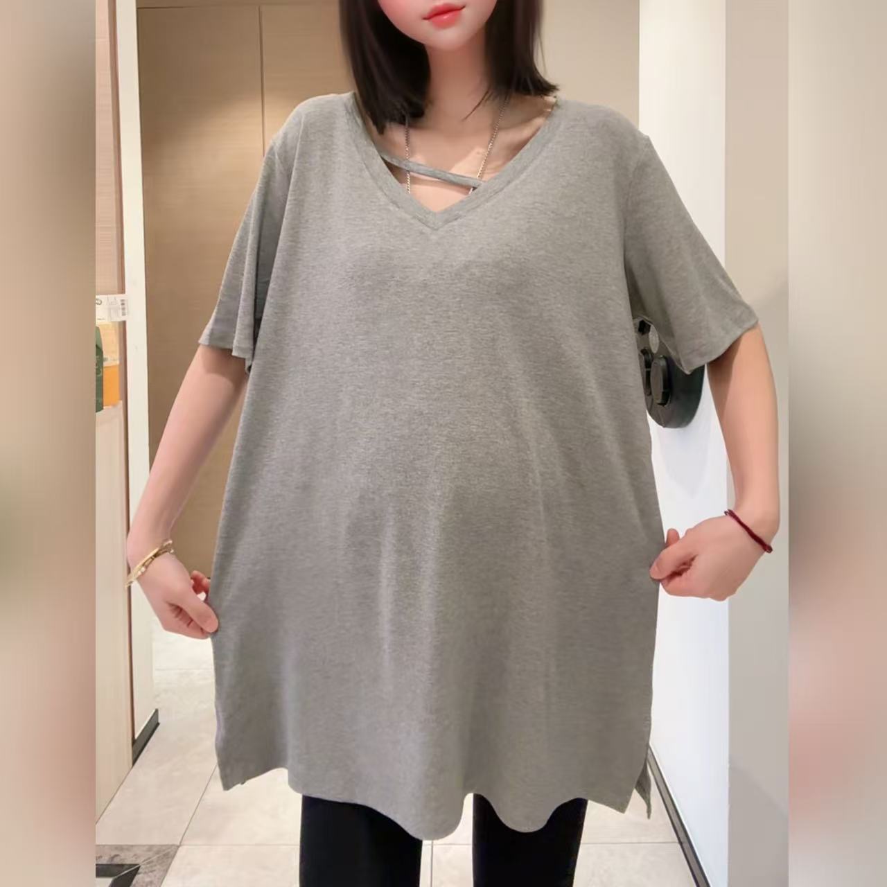 无品牌【熹熹】孕妇装夏季柔软轻薄V领斜带设计下摆开叉短袖上衣