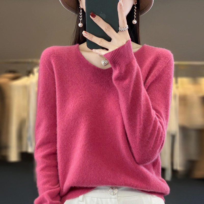 【一线成衣】100%羊毛衫女V色套头针织打底衫秋冬款时尚外穿毛衣