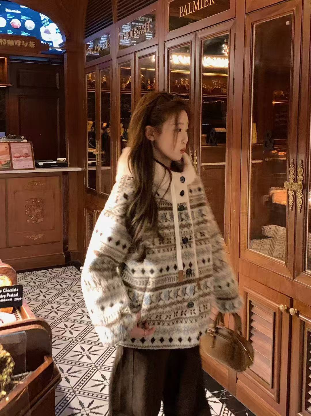 【冯七七】2025冬季新款连帽百搭费尔岛摇粒绒外套