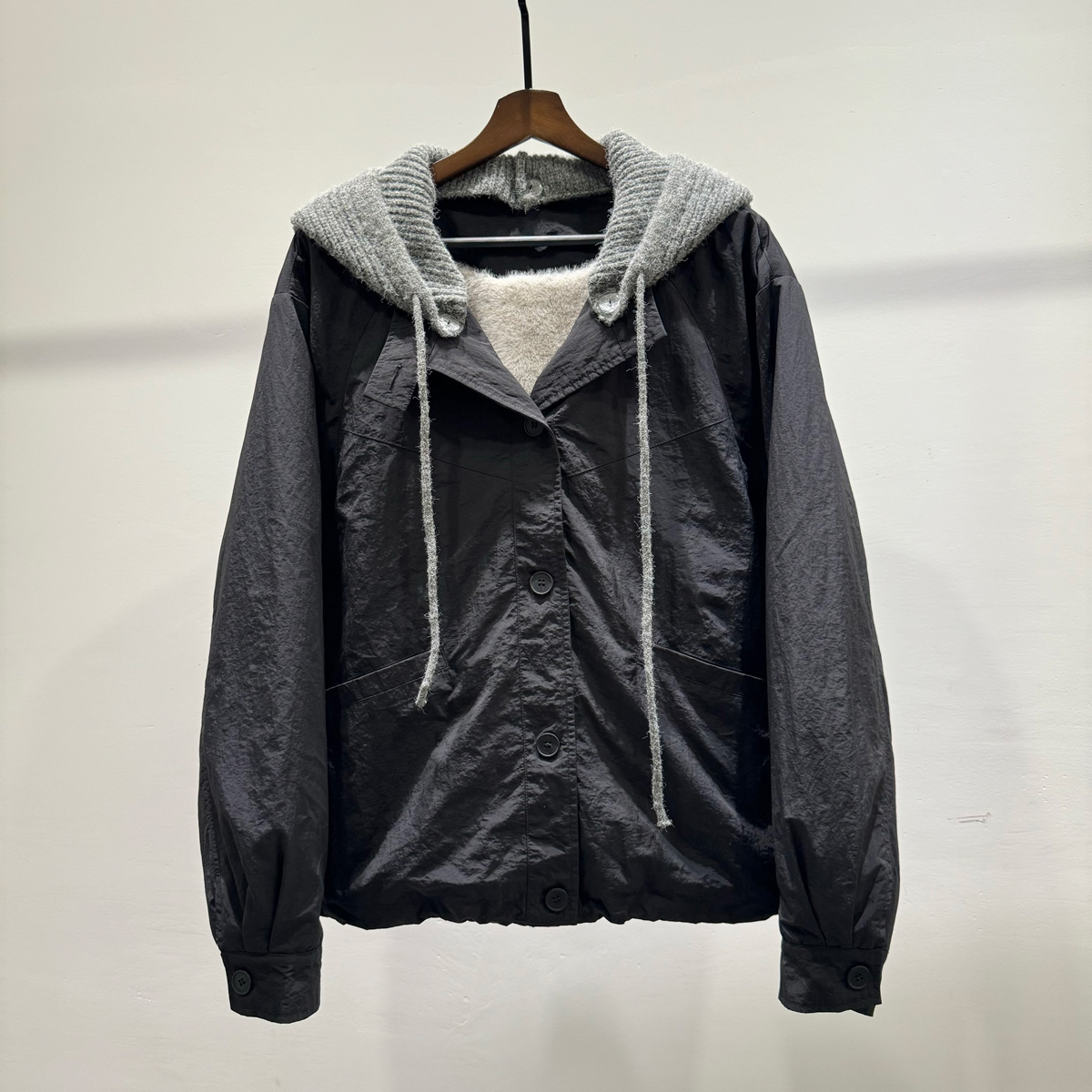 冬季时尚座山雕拼接针织可摘连帽夹克男潮流休闲百搭加绒保暖外套