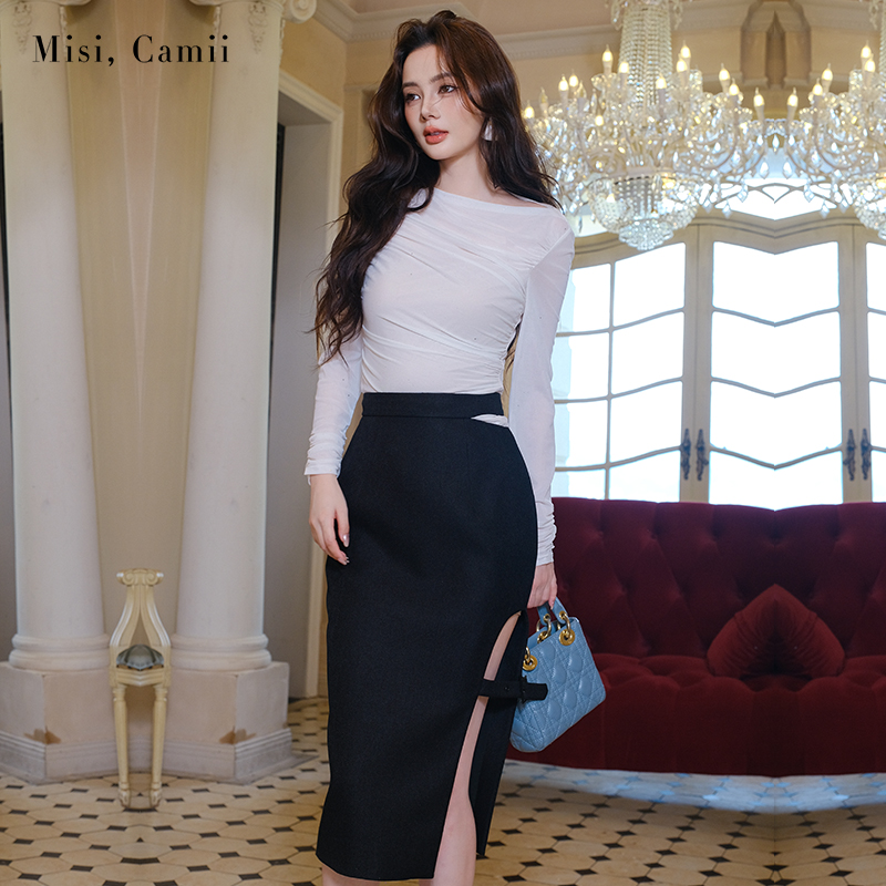 Misi,Camii2025早秋新款女装烫银弹力修身斜褶上衣半裙时尚感套装
