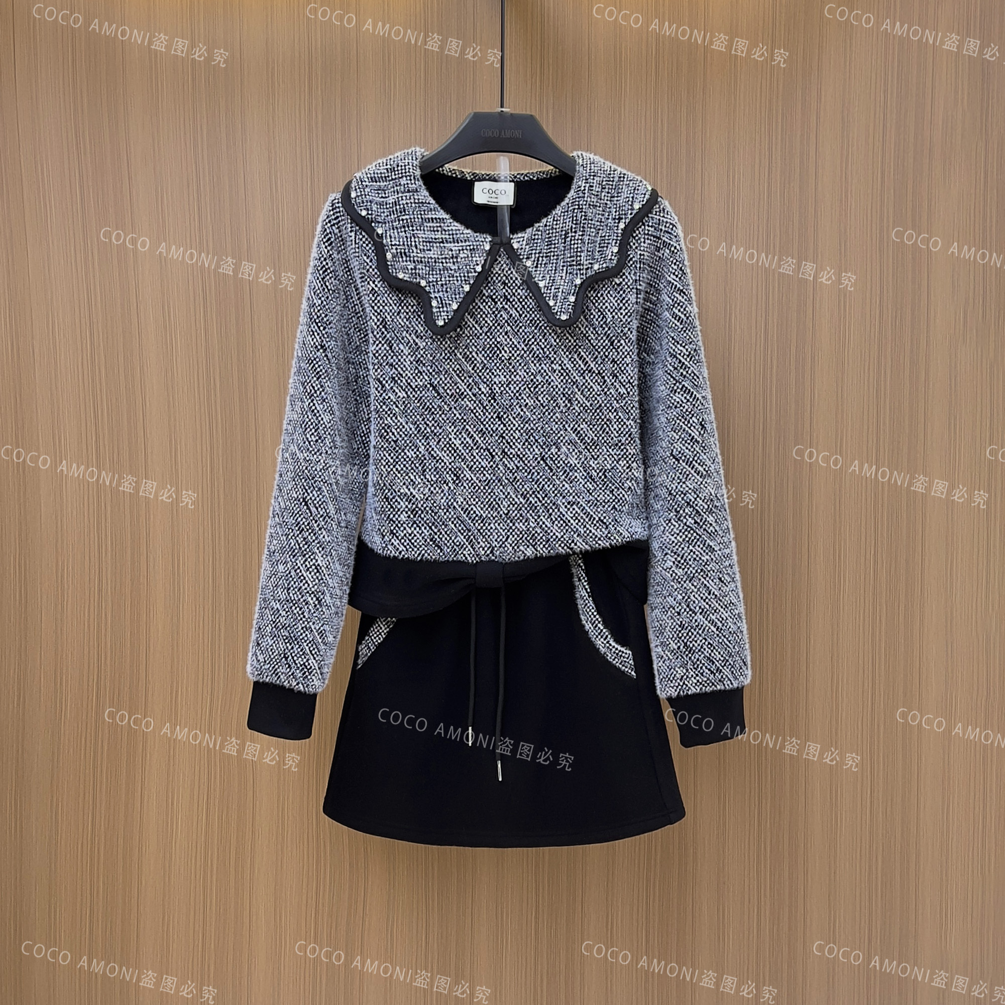 新款时尚设计感秋冬季女装拼接重工减龄显瘦气质套装AC960