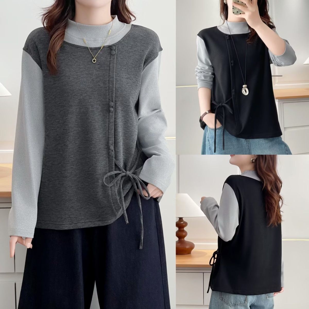 大梦/8646韩系加绒系带假两件长袖设计感侧边气质百搭上衣女