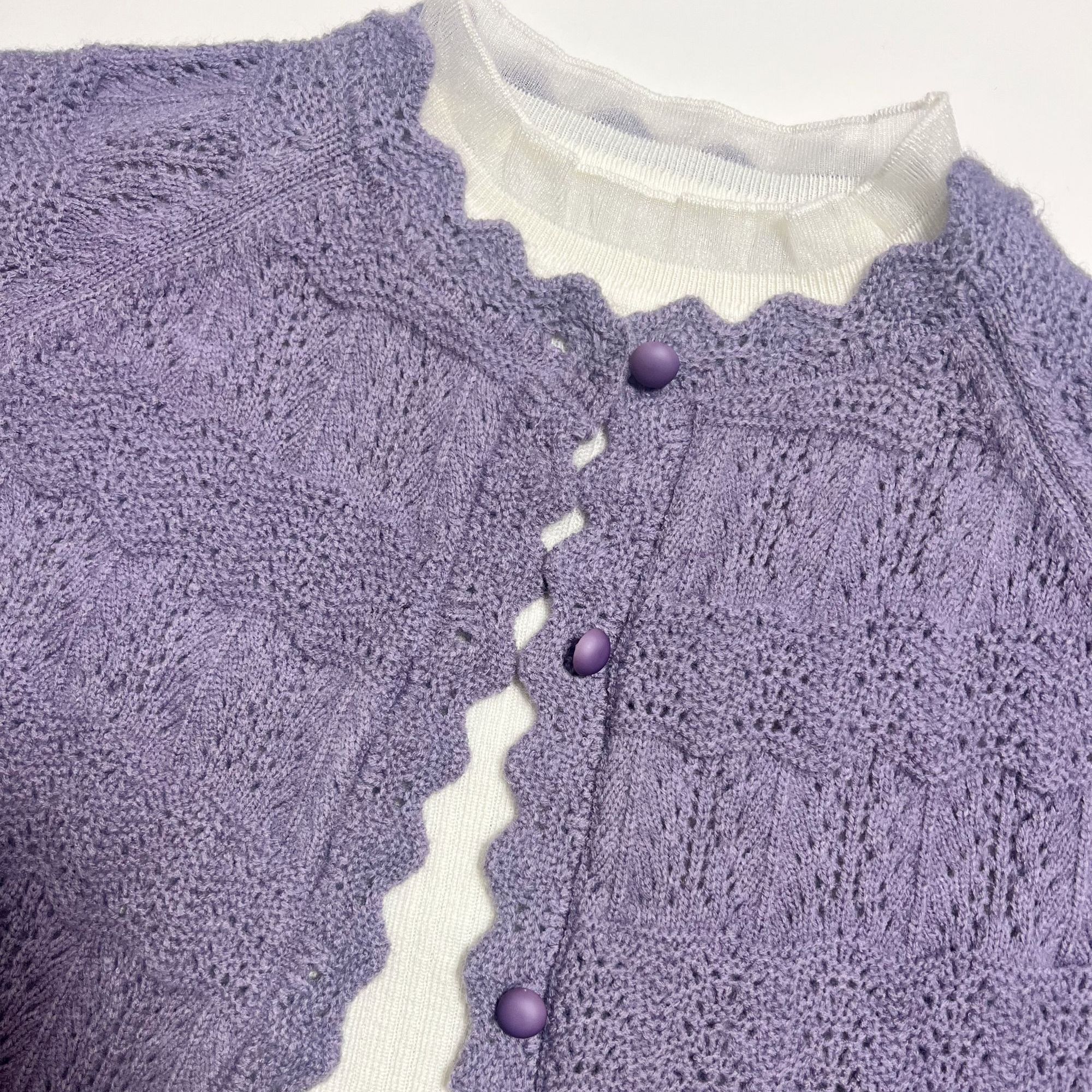 镂空荷叶边早春新款钩花纯色宽松毛衣外套女针织开衫时尚百搭