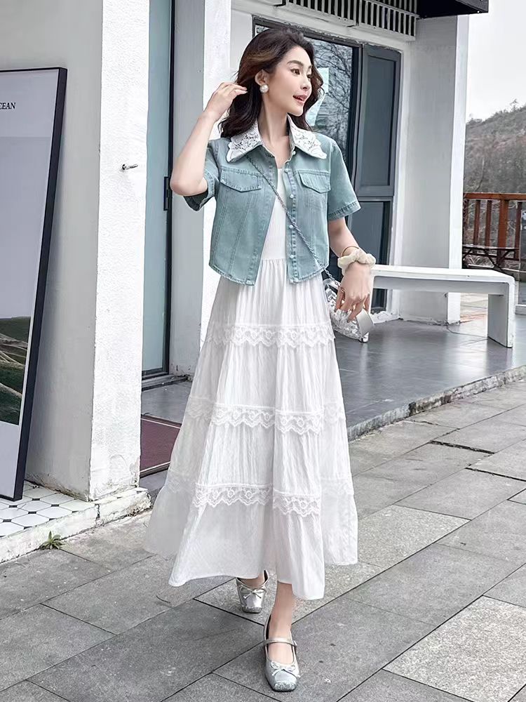 25157【裙长115】中长款吊带连衣裙2025夏季新款牛仔短衬衣两件套