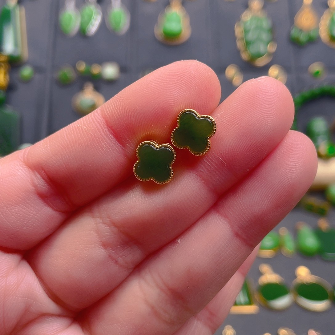 和田玉耳饰银S925镶嵌68