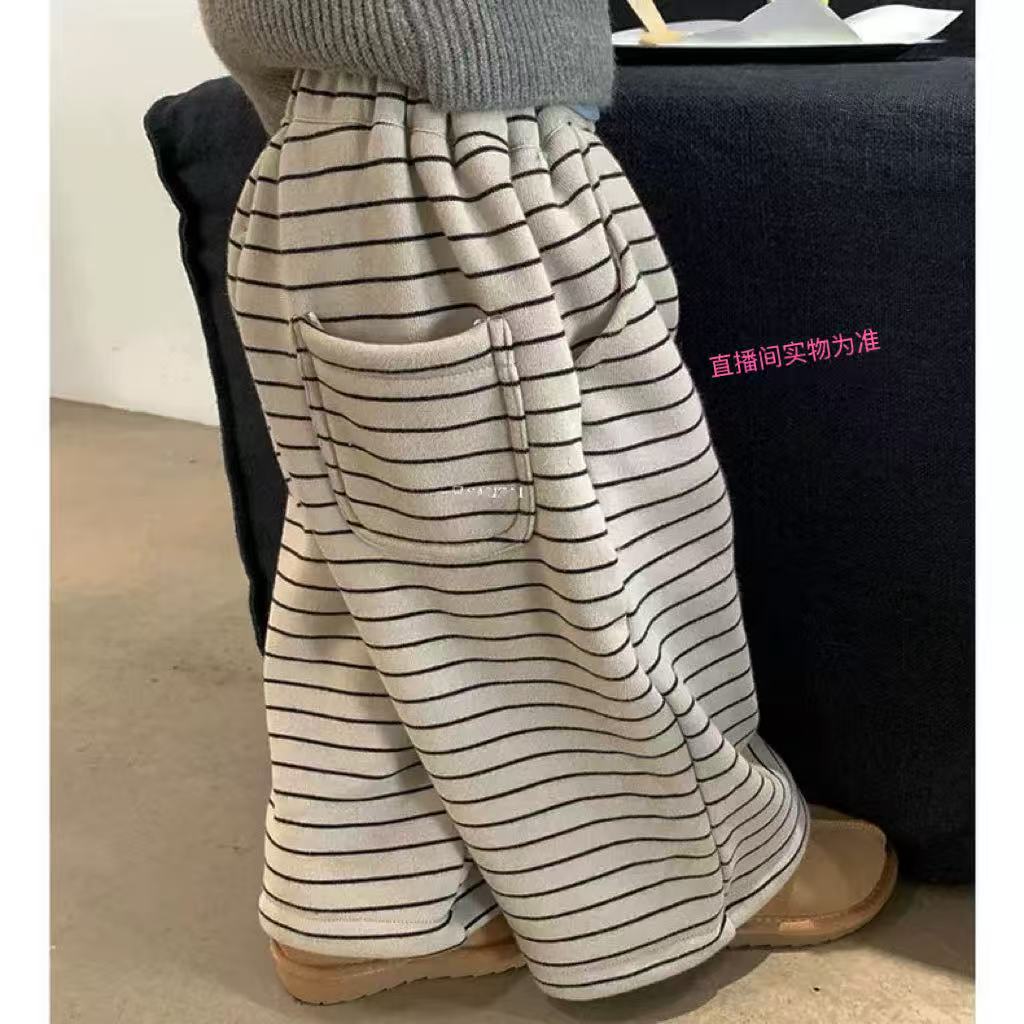 藏蓝条条加绒直筒裤
