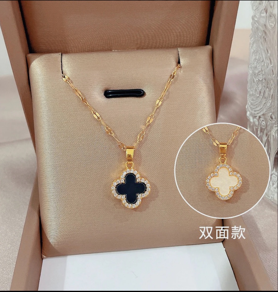 合金珐琅吊坠 黑白四叶草项链轻奢新款女潮吊坠锁骨链CS19