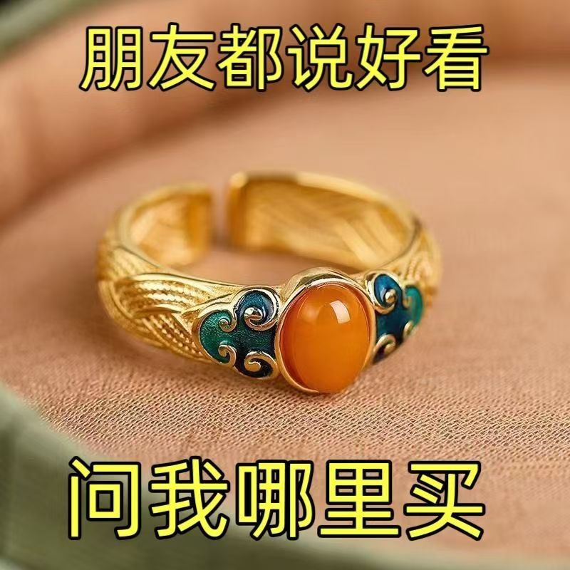 锌合金戒指 卡其色通用金色复古宫廷指环可调节气质好看情侣