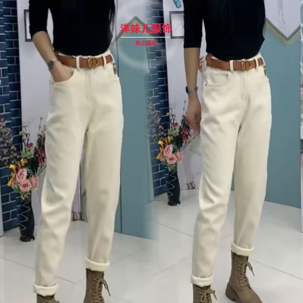 D25 121400 新款美式设计高腰撞色口袋直筒阔腿休闲裤