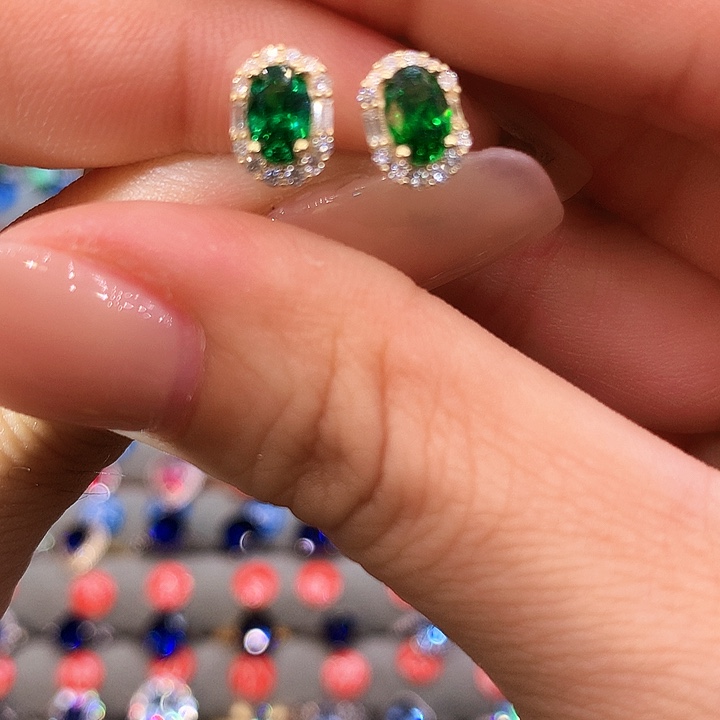 耳钉透辉石银S925镶嵌