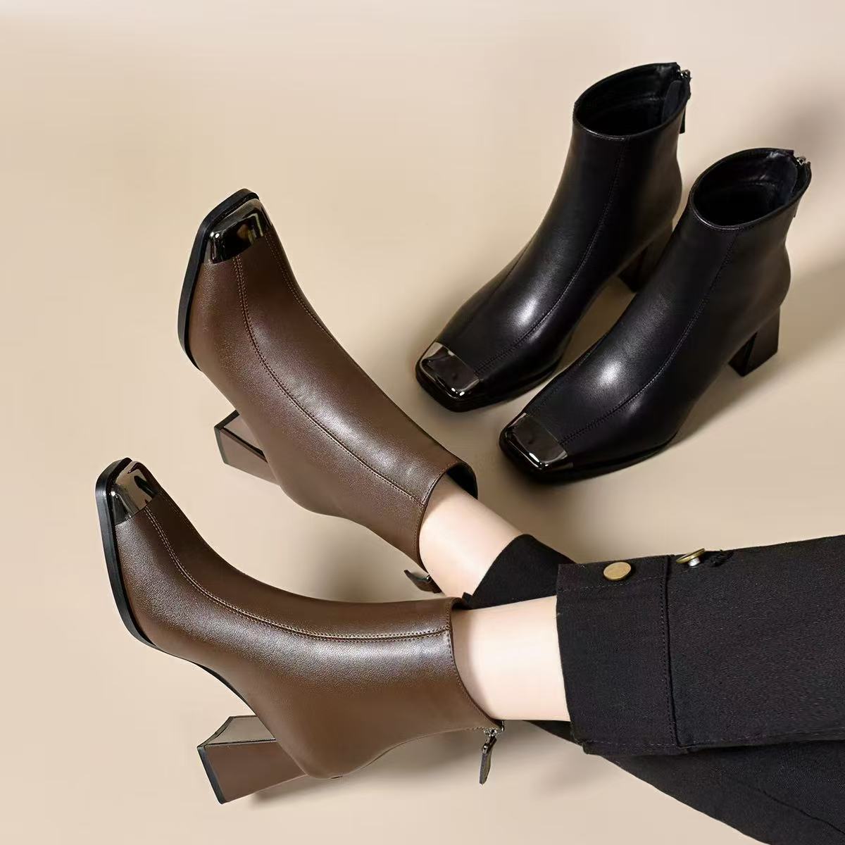 方头短靴加绒瘦瘦靴4公分6公分真牛皮马丁靴棉靴女士裸靴单靴皮靴商品图