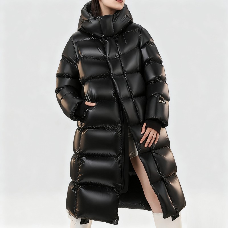 （顶奢高蓬鹅绒服）B26冬季情侣款复古亮面加厚过膝长款保暖羽绒服G