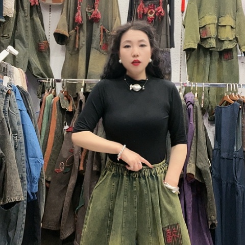 刺绣招财猫牛仔南瓜裤绿色