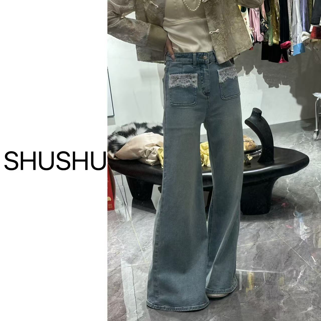 凤起玉鸣新款春季显瘦时尚高腰宽松直筒蓝色牛仔