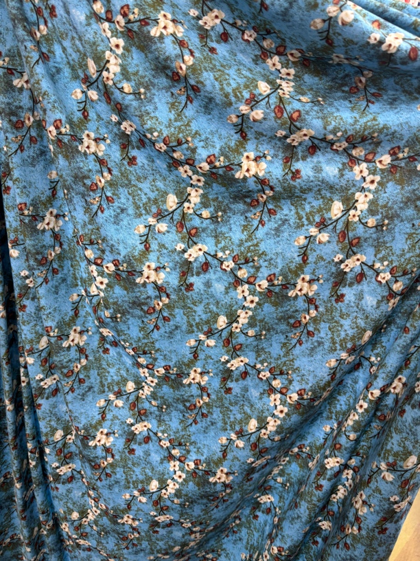 棉麻提花棉绸面料！幅宽1.5米，复古枝叶花蓝可做套装大摆裙