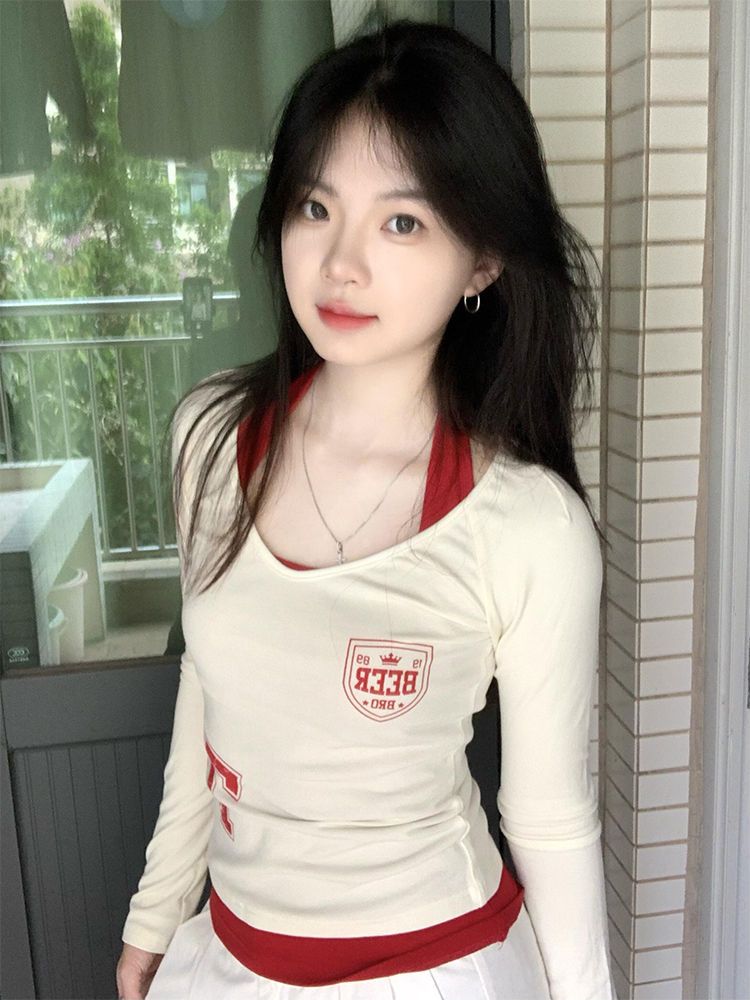 美式运动辣妹两件套上衣女春秋款修身V领长袖T恤内搭红色挂脖吊带