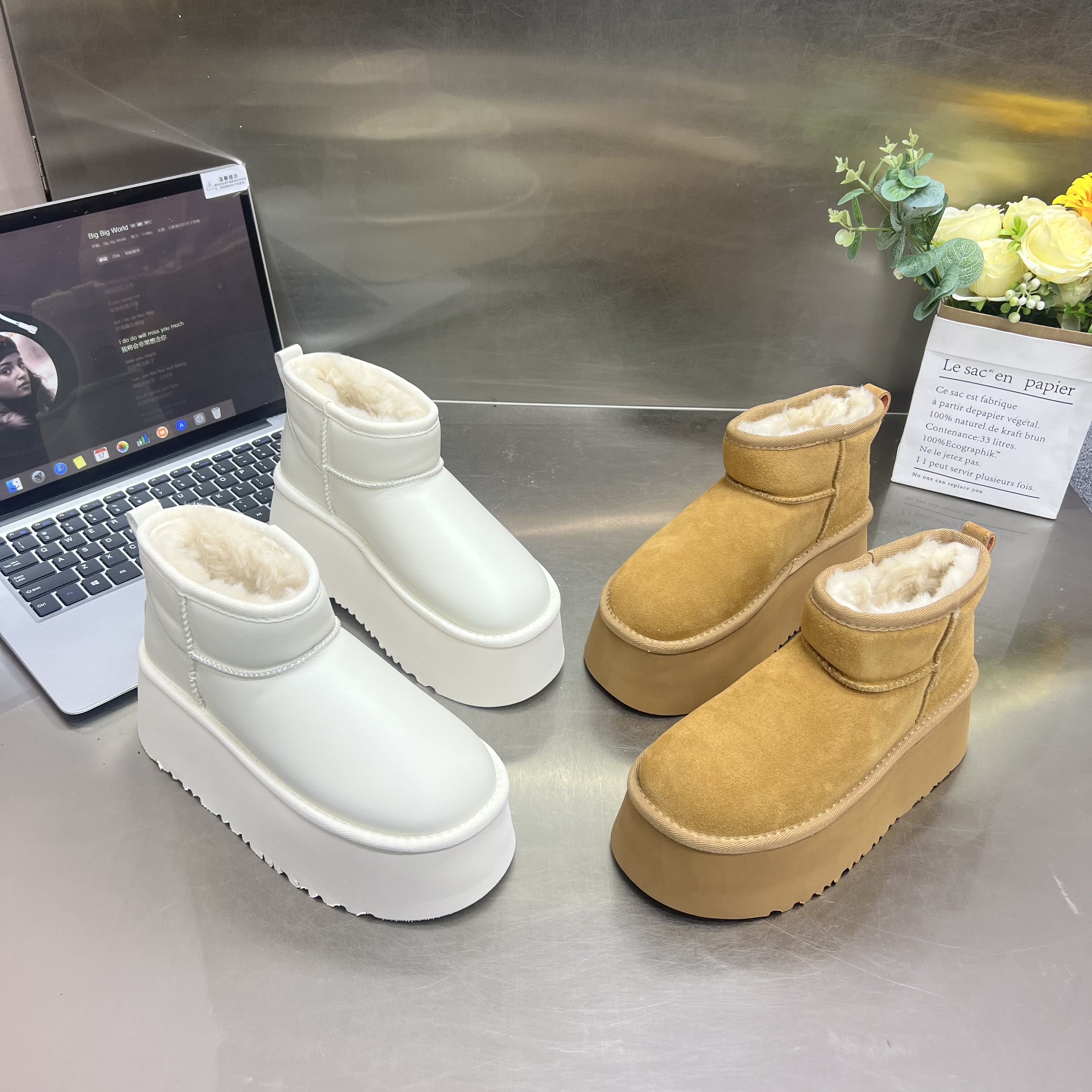 9980新款松糕超轻厚底真皮羊毛雪地靴时尚百搭保暖冬季舒适休闲