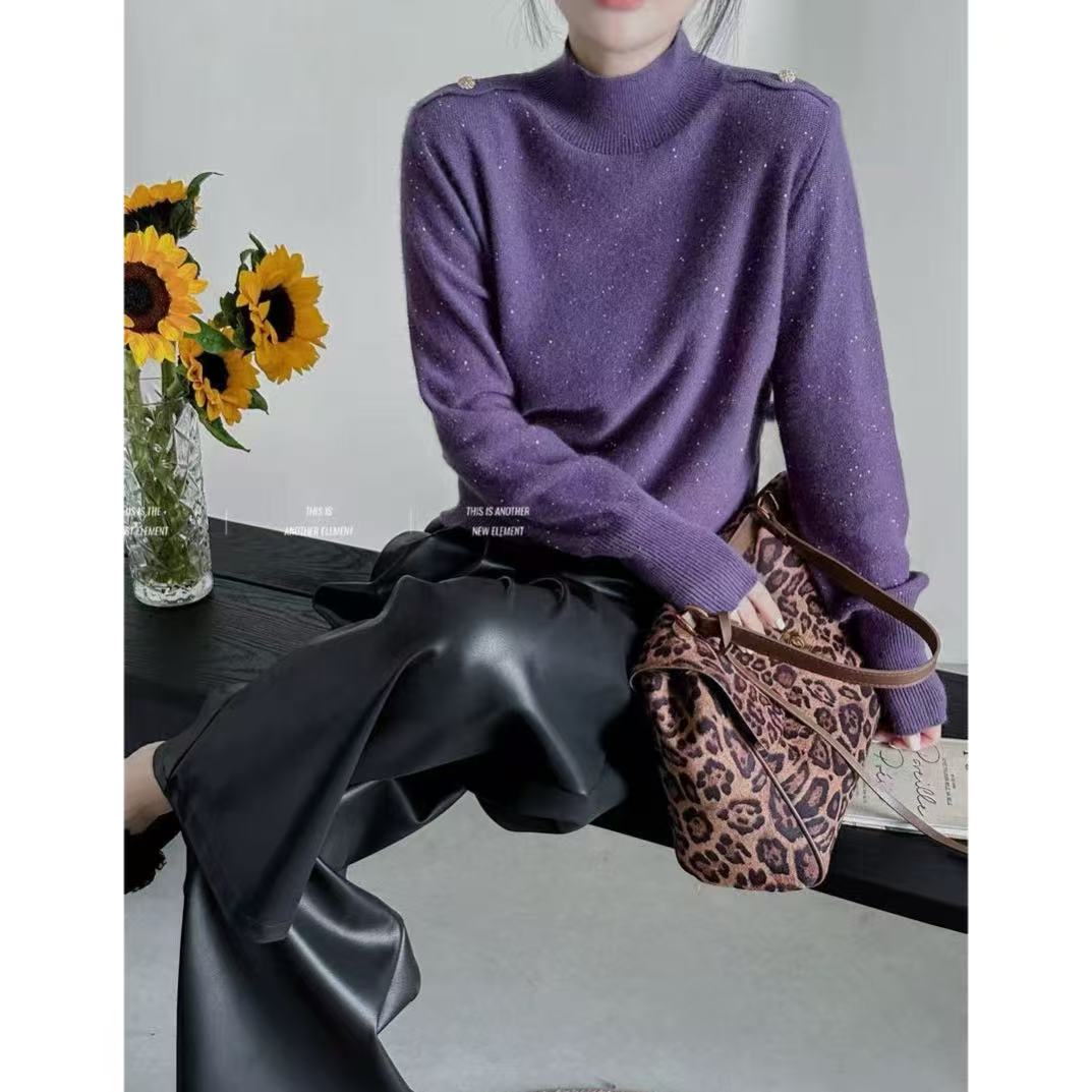 丽丽家~蜜熊打底深紫直角肩纯色休闲时尚百搭打底衫