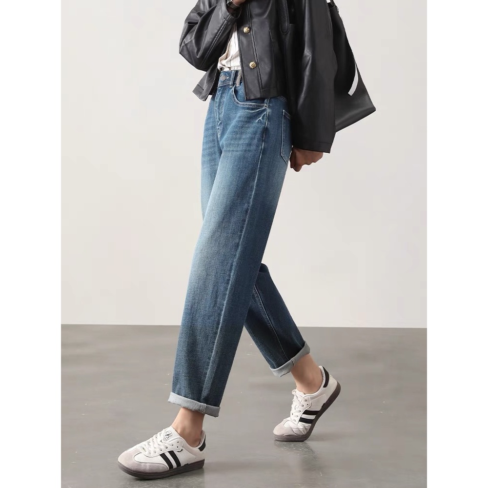 1329-四面弹蓝色秋季牛仔哈伦裤女宽松显瘦小个子个性磨破弹力