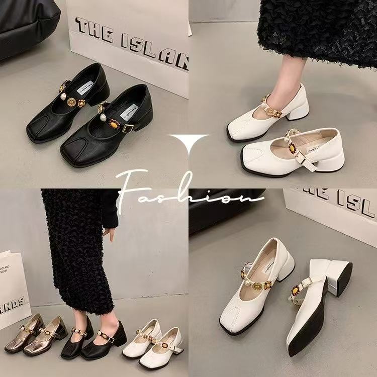 粗跟方头银色平底鞋浅口民族风玛丽珍单鞋复古低跟